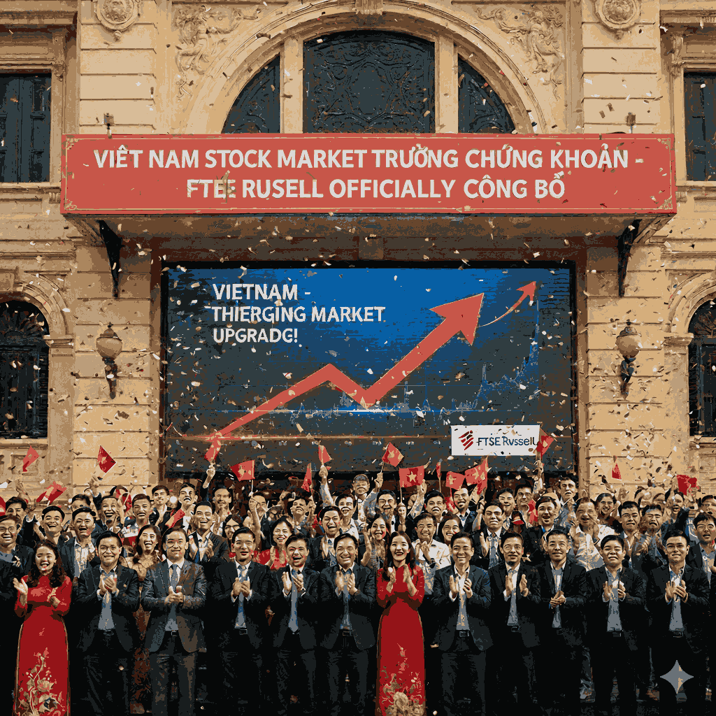 Khoảnh khắc lịch sử: Ăn mừng việc FTSE Russell chính thức nâng hạng Thị trường Chứng khoán Việt Nam lên nhóm Thị trường Mới nổi Thứ cấp (Secondary Emerging Market). Khung cảnh rực rỡ với cờ đỏ sao vàng, confetti, và các lãnh đạo cùng nhà đầu tư, đánh dấu bước ngoặt lớn, hứa hẹn thu hút hàng tỷ USD vốn quốc tế, chứng khoán Việt Nam, nâng hạng thị trường, FTSE Russell, thị trường mới nổi, Secondary Emerging Market, VnIndex, vốn ngoại, đầu tư, kinh tế Việt Nam, lịch sử chứng khoán, sự kiện tài chính, ăn mừng nâng hạng, cổ phiếu, Non-prefunding, Krx.