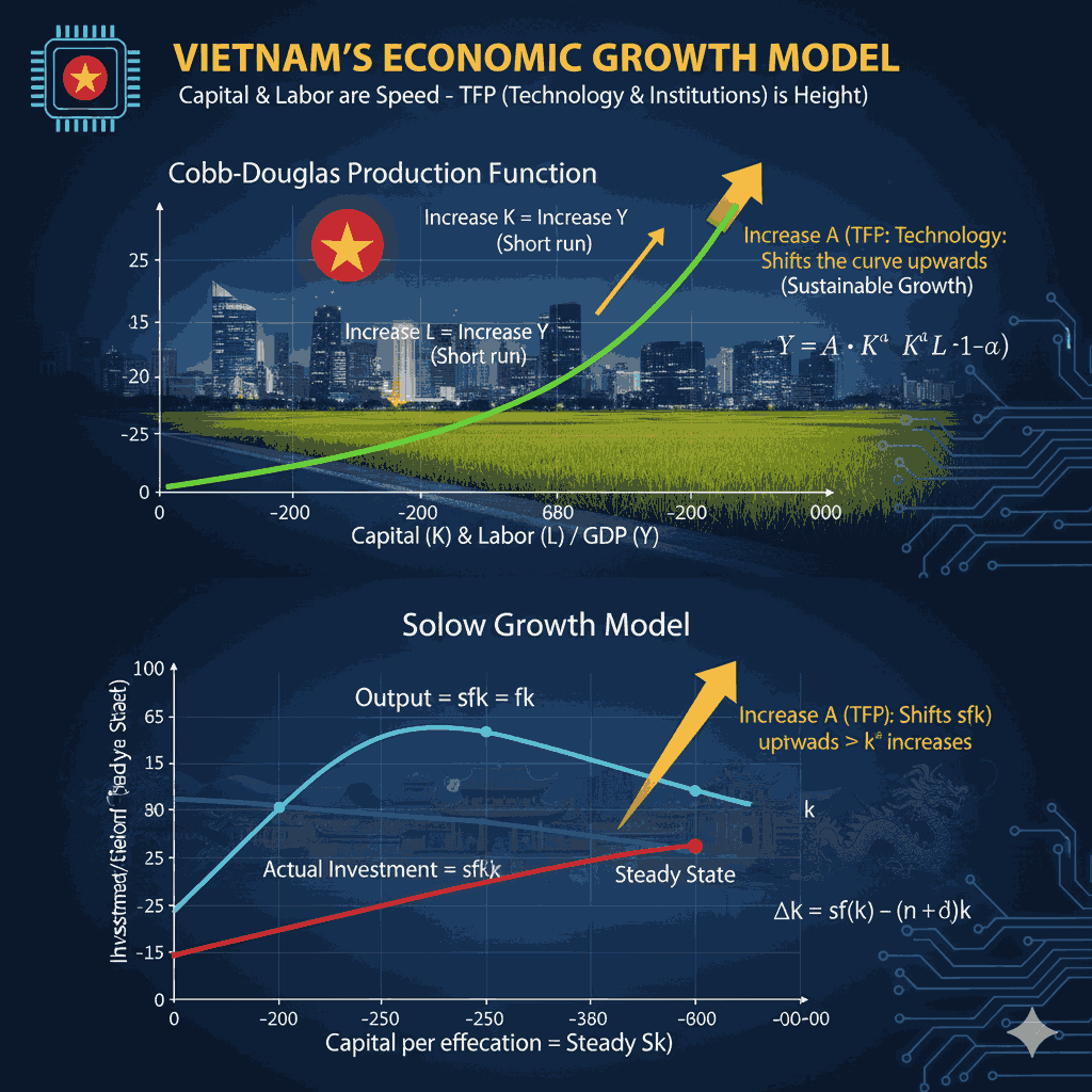 Hình ảnh minh họa chiến lược tăng trưởng kinh tế bền vững cho Việt Nam, dựa trên sự kết hợp giữa Hàm Cobb-Douglas và Mô hình Solow. Nó chỉ ra rằng trong khi vốn (K) và lao động (L) thúc đẩy tăng trưởng ngắn hạn, việc dựa quá nhiều vào FDI và nhân công giá rẻ sẽ dẫn đến Trạng thái Dừng (Steady State). Công thức Δk=sf(k)−(n+δ)k khẳng định: Chìa khóa để Việt Nam bứt phá trong dài hạn là TFP (A) — đại diện cho công nghệ, tri thức, và đặc biệt là cải cách thể chế. Chỉ tăng TFP mới dịch chuyển được đường tăng trưởng, đảm bảo sự thịnh vượng bền vững.