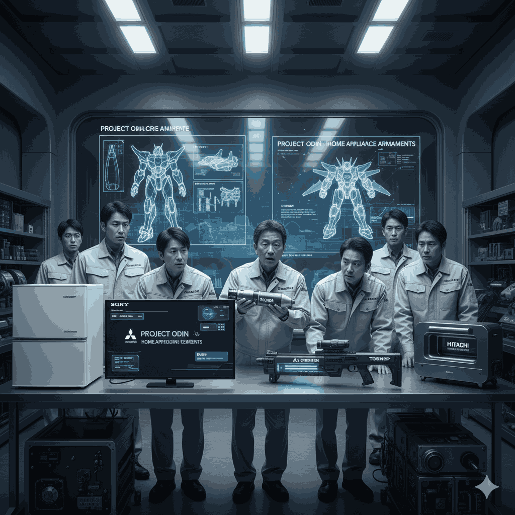  mô tả các hãng công nghệ Nhật Bản nổi tiếng với sản phẩm dân dụng (như TV, tủ lạnh, máy ảnh) bất ngờ tham gia vào ngành công nghiệp quốc phòng. Các chi tiết có thể là logo của các hãng như Sony, Panasonic, hoặc Mitsubishi được đặt trên các sản phẩm vũ khí hiện đại (ví dụ: một chiếc máy bay chiến đấu có logo Mitsubishi Electric, hoặc một quả tên lửa có kiểu dáng giống TV màn hình phẳng). Nội dung nhấn mạnh sự đối lập giữa hình ảnh thương hiệu thân thiện và khả năng sản xuất quân sự của các tập đoàn này.